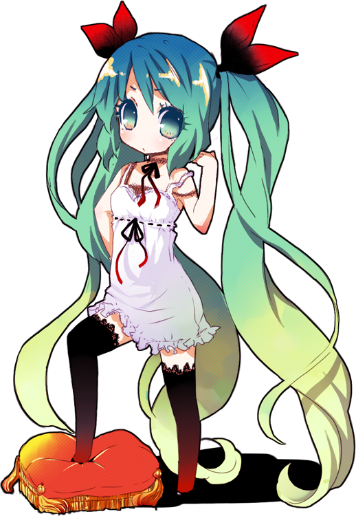 aqua_hair, chikkuru, eyelashes, hatsune_miku, long_hair, multicolored_hair, ribbon, thigh-highs