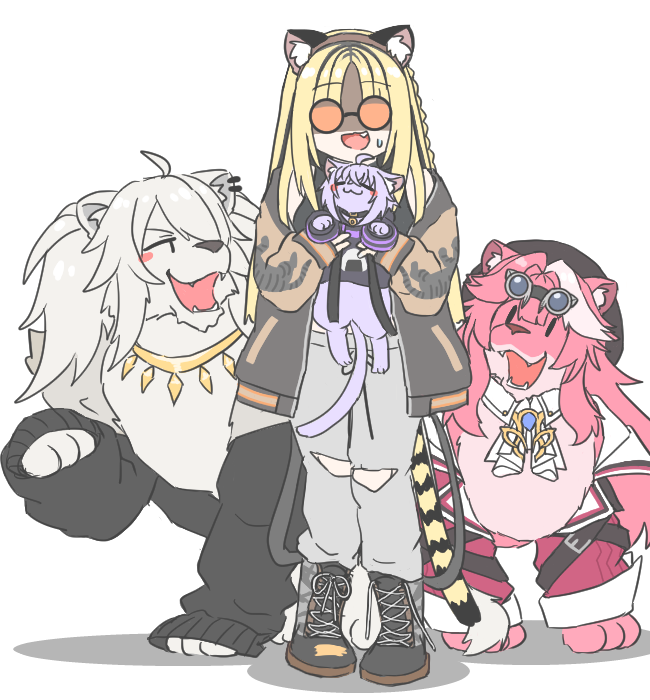 animal_ears, animalization, black_hair, blonde_hair, cat, hololive, hololive_english, jacket, koganei_niko, long_hair, multicolored_hair, nekomata_okayu, nekomata_okayu_(1st_costume), nekomata_okayu_(cat), orange-tinted_eyewear, raora_panthera, raora_panthera_(1st_costume), raora_panthera_(panther), shishiro_botan, shishiro_botan_(lion), streaked_hair, tinted_eyewear, virtual_youtuber, yuuji_(sdcg00)