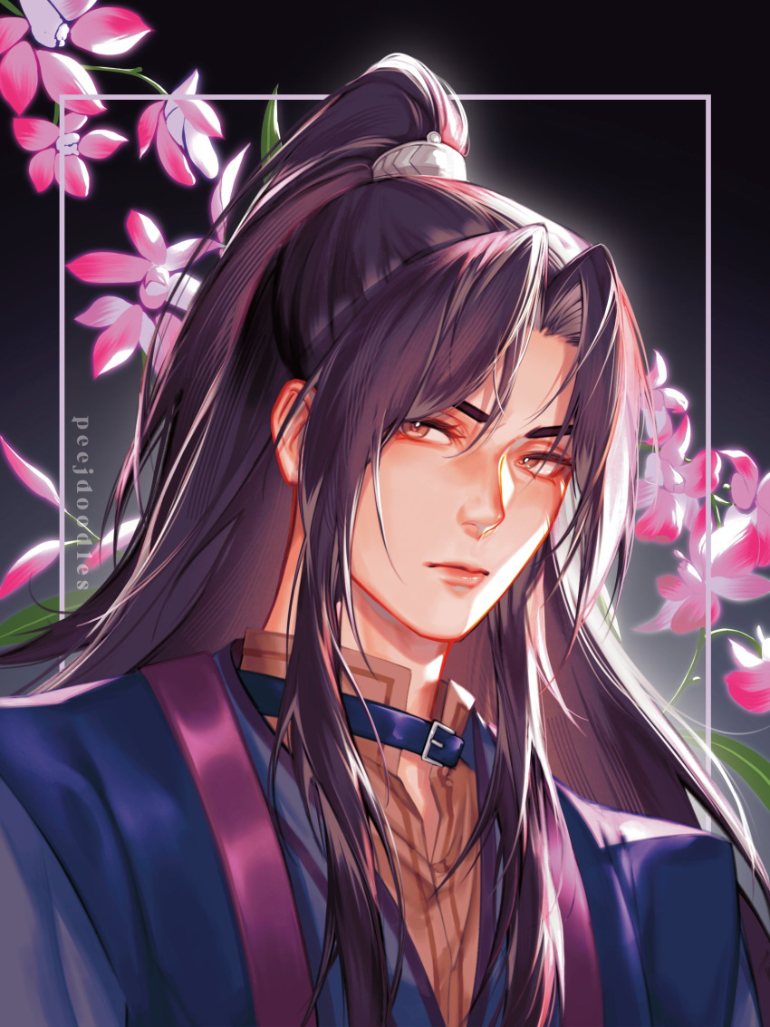 1boy, absurdres, black_choker, black_hair, black_hanfu, brown_eyes, chinese_clothes, choker