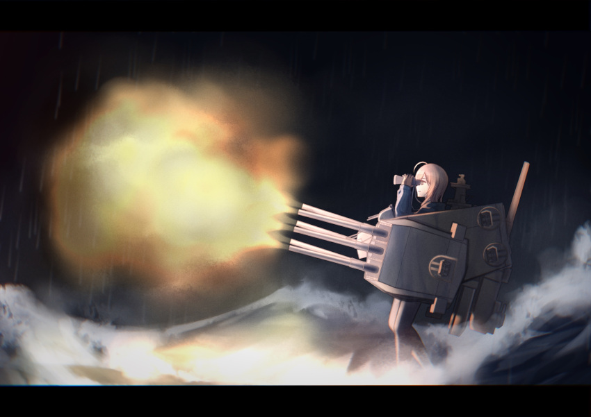 1girl, absurdres, ahoge, autocannon, binoculars, blonde_hair, blue_sweater, bofors_40_mm_gun