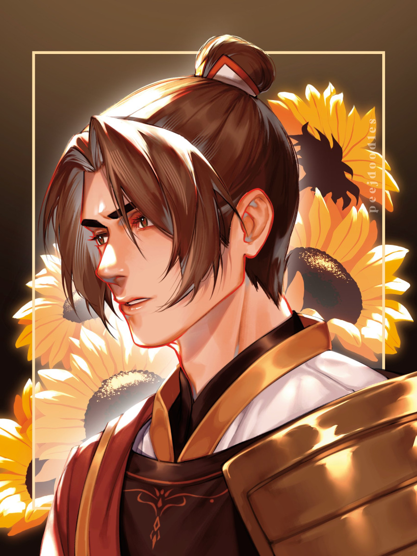 1boy, absurdres, armor, artist_name, brown_eyes, brown_hair, chinese_clothes, feng_xin