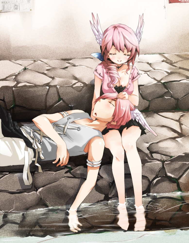 chikkuru, closed_eyes, eyes_closed, feet_in_water, head_wings, lap_pillow, long_hair, male, original, pink_hair, short_hair, side_ponytail, sitting, skirt, smile, soaking_feet, water, wings