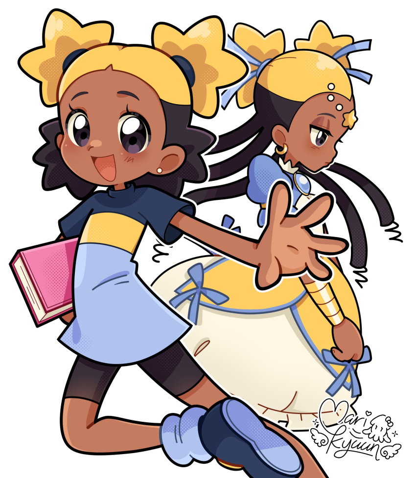 1girl, aika_(kiana_mai), blonde_hair, blush, book, bow, dark-skinned_female, dark_skin