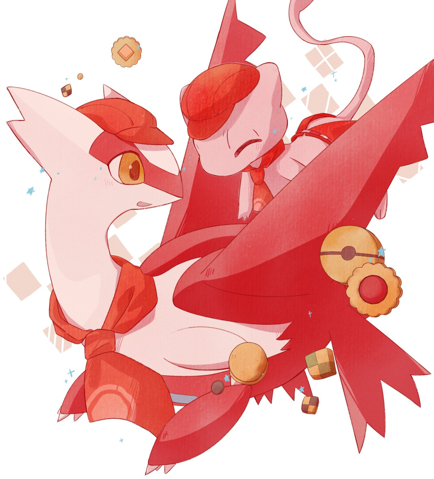 closed_eyes, commentary, cookie, floating, food, hat, highres, latias