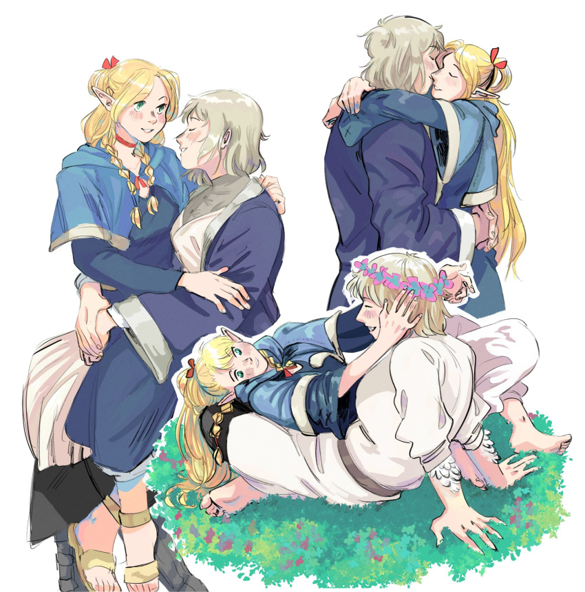 2girls, arms_around_neck, arms_around_waist, barefoot, belt, black_pantyhose, blonde_hair, blue_capelet