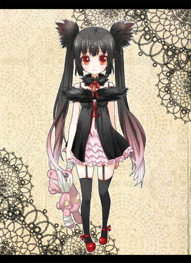 bandage, bandages, bandaid, black_hair, chikkuru, dress, letterboxed, long_hair