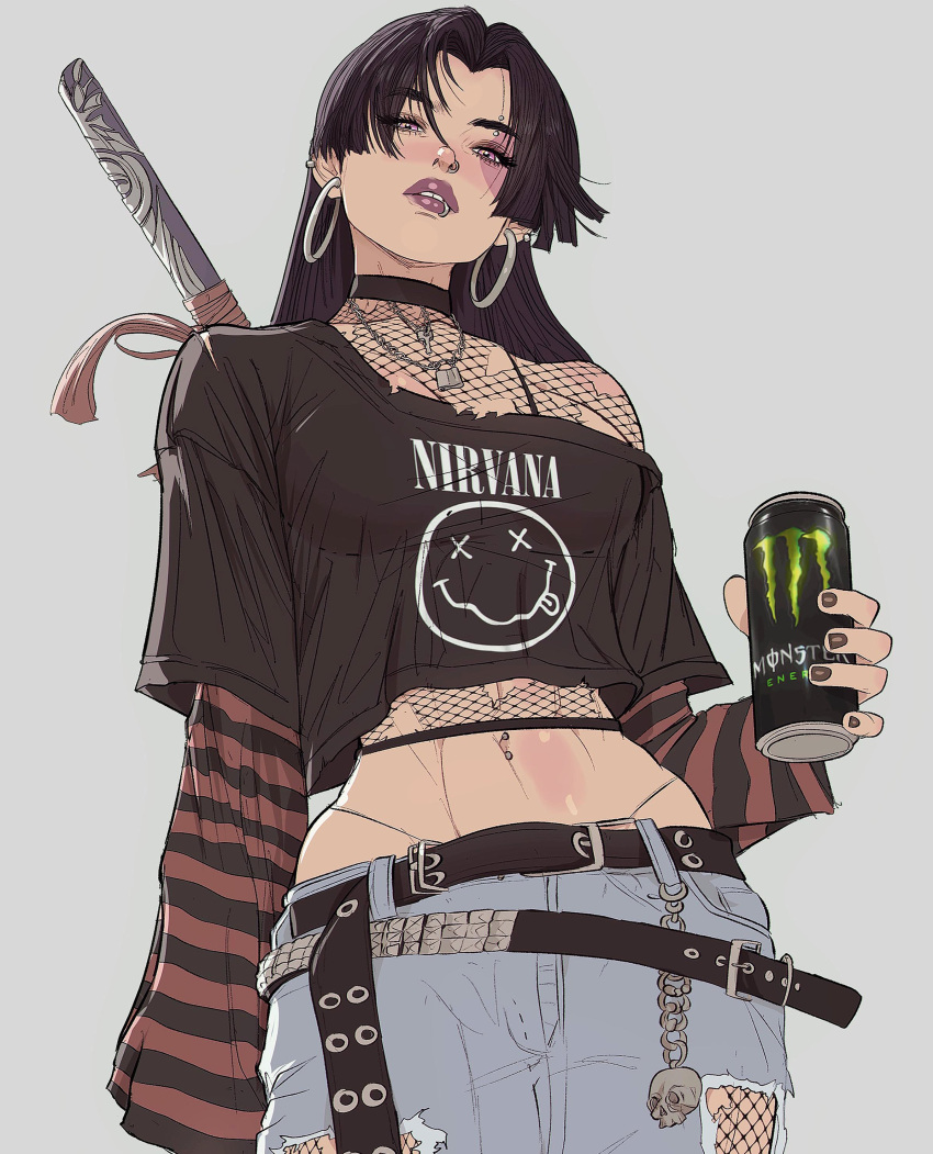 1girl, absurdres, belt, black_hair, choker, denim, earrings, grunge_(fashion)