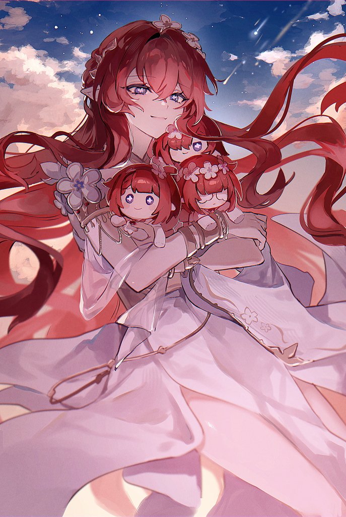 4girls, ancient_greek_clothes, blue_eyes, blue_sky, clouds, commentary, cross-shaped_pupils, dress