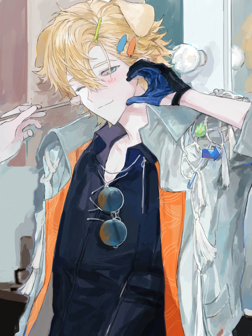 1boy, 1other, absurdres, animal_ears, arknights, black_gloves, black_shirt, blonde_hair