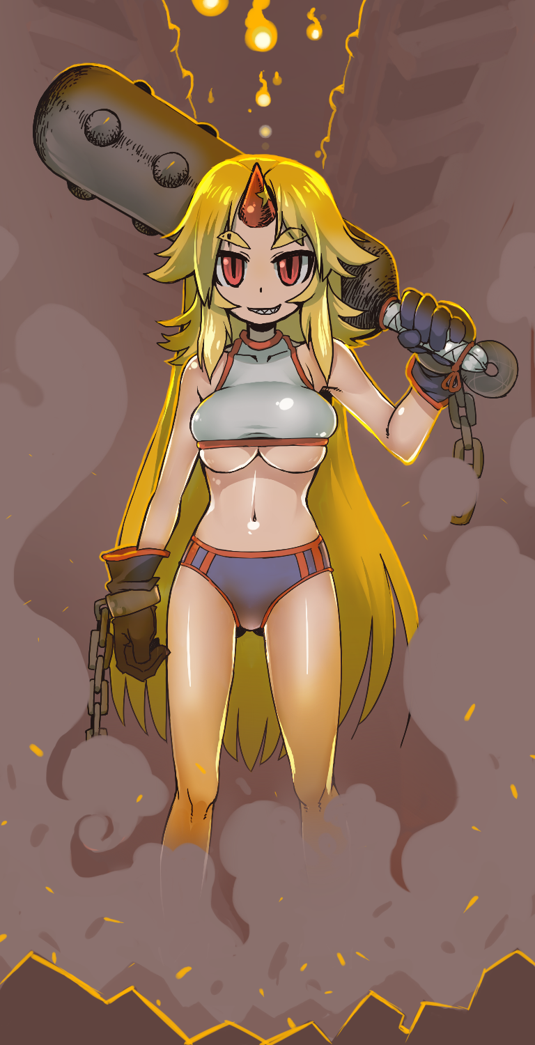 asakawa_remon, blonde_hair, breasts, buruma, chain, club, cuffs, gloves, gym_uniform, highres, horn, hoshiguma_yuugi, kanabou, long_hair, red_eyes, solo, touhou, under_boob, underboob, weapon