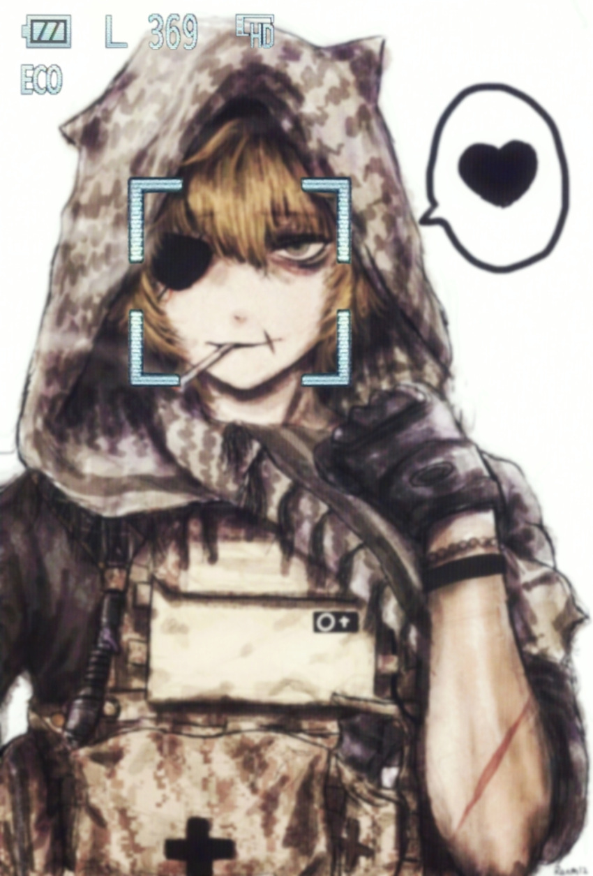 bags_under_eyes, battery_indicator, blonde_hair, bracelet, bulletproof_vest, camouflage, camouflage_headwear, camouflage_vest