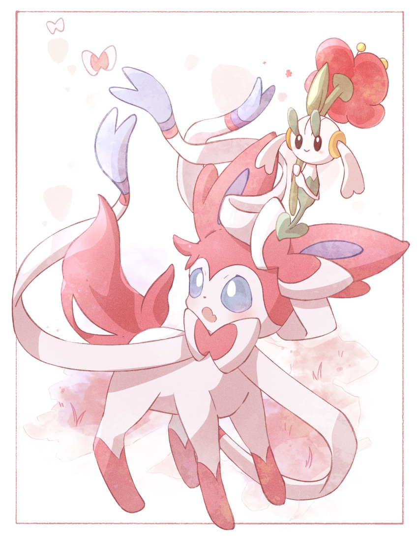 black_eyes, blue_eyes, blush, bow, bright_pupils, floette, floette_(red_flower), flower, grass, highres, no_humans, open_mouth, pokemon, pokemon_(creature), simple_background, smile, soke_sa, standing, sylveon, white_background, white_pupils