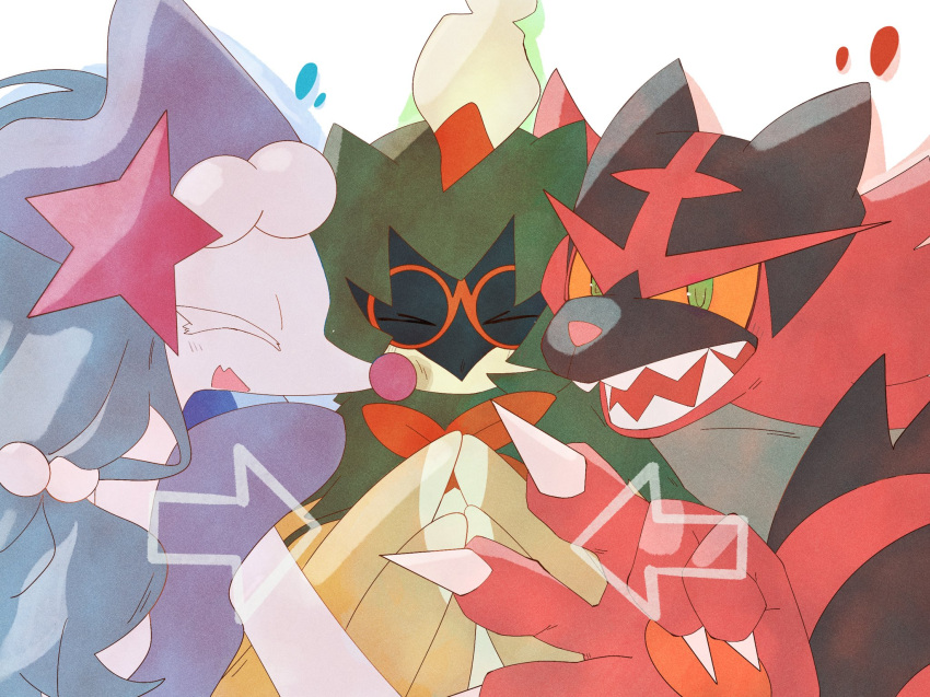 >_<, blue_hair, blush, claws, closed_eyes, colored_sclera, commentary_request, decidueye, fang, furry, green_eyes, hair_ornament, highres, hood, hoodie, incineroar, looking_at_viewer, open_mouth, pokemon, pokemon_(creature), primarina, simple_background, smile, soke_sa, starter_pokemon_trio, teeth, white_background, yellow_sclera