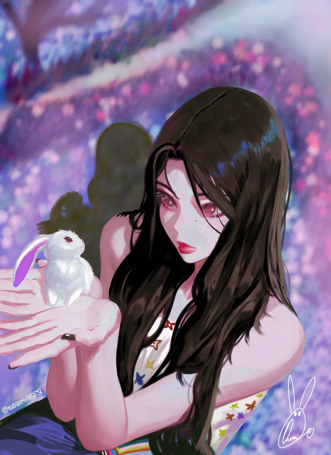 1girl, animal, aserunjz, blurry, blurry_background, brown_eyes, brown_hair, freckles, from_above, highres, holding, holding_animal, hyein_(newjeans), k-pop, long_hair, looking_ahead, newjeans, pink_eyes, rabbit, real_life, red_lips, shirt, signature, sitting, sleeveless, sleeveless_shirt, solo, twitter_username, white_shirt