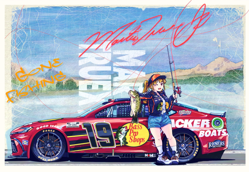 1girl, animal, baseball_cap, bass_pro_shops, black_jacket, blue_shorts, brown_eyes, brown_hair