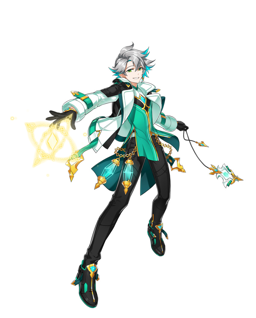 1boy, ainchase_ishmael, aqua_belt, aqua_vest, artist_request, black_boots, black_gloves, black_pants, blue_hair, boots, chain, chain_belt, collared_jacket, colored_inner_hair, elsword, fighting_stance, floating_clothes, floating_hair, full_body, gloves, gold_chain, green_eyes, grey_hair, grin, happy, high_heel_boots, high_heels, highres, holding, holding_weapon, jacket, lantern, lapels, lofty:_anpassen_(elsword), long_sleeves, looking_at_viewer, magic, male_focus, multicolored_hair, notched_lapels, official_art, pants, second-party_source, shirt, short_hair, shoulder_pads, sleeve_cuffs, smile, solo, standing, swept_bangs, tachi-e, transparent_background, weapon, white_jacket, white_shirt, wrist_belt
