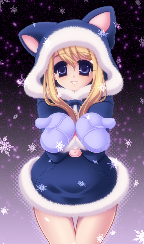 1girl, animal_hood, blonde_hair, blue_dress, blue_eyes, blue_mittens, blue_ribbon, cat_hood