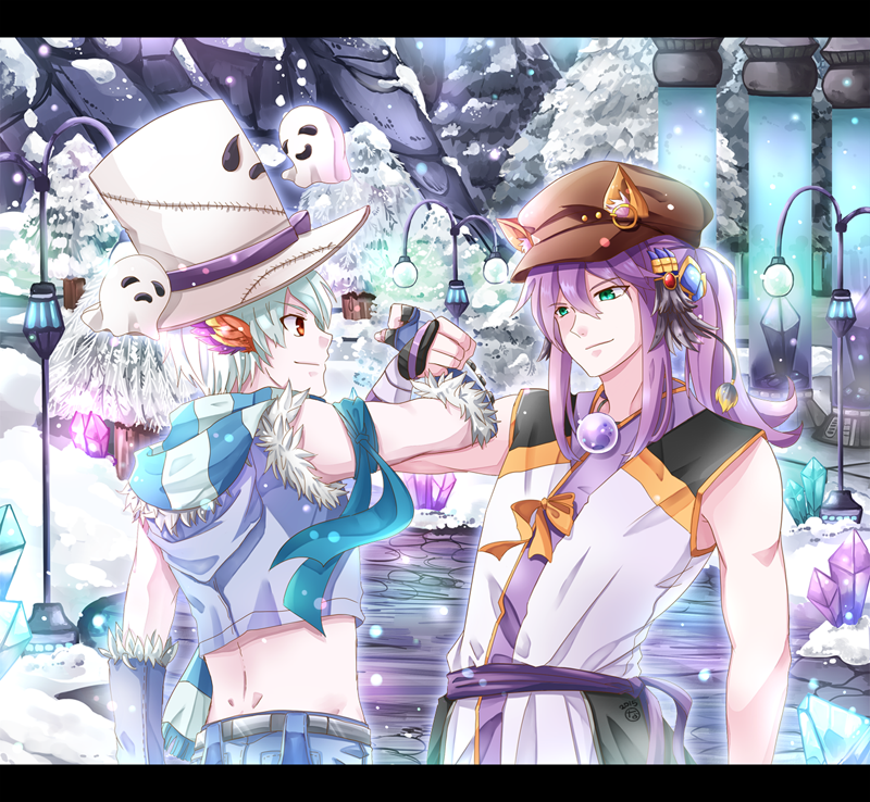2boys, alternate_color, animal_ear_headwear, animal_ears, belt, blue_gemstone, blue_gloves, blue_shirt, bow, brown_eyes, brown_hat, cabbie_hat, cat_ears, closed_mouth, commentary, crop_top, crystal, english_commentary, fingerless_gloves, fur-trimmed_gloves, fur-trimmed_shirt, fur_trim, gem, ghost, gloves, green_eyes, grey_hair, hat, himitsu_(dark_nao), in-universe_location, lamp, letterboxed, long_hair, looking_at_another, male_focus, multiple_boys, outdoors, purple_belt, purple_gemstone, purple_hair, ragnarok_online, sheet_ghost, shirt, short_hair, sidelocks, sleeveless, sleeveless_shirt, smile, sniper_(ragnarok_online), snow, snowing, star_gladiator_(ragnarok_online), top_hat, upper_body, whisper_(ragnarok_online), white_hat, white_shirt, wrist_guards, yellow_bow