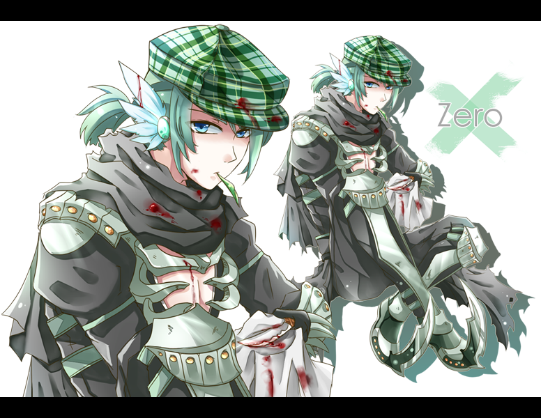 1boy, armor, armored_boots, assassin_cross_(ragnarok_online), black_cape, black_pants, black_shirt, blood, blood_on_face, blue_eyes, boots, cape, closed_mouth, commentary, commission, english_commentary, expressionless, flat_cap, full_body, green_hair, green_hat, hat, himitsu_(dark_nao), letterboxed, looking_at_viewer, male_focus, pants, pauldrons, plaid_hat, ponytail, ragnarok_online, shirt, short_ponytail, shoulder_armor, torn_cape, torn_clothes, waist_cape, white_background