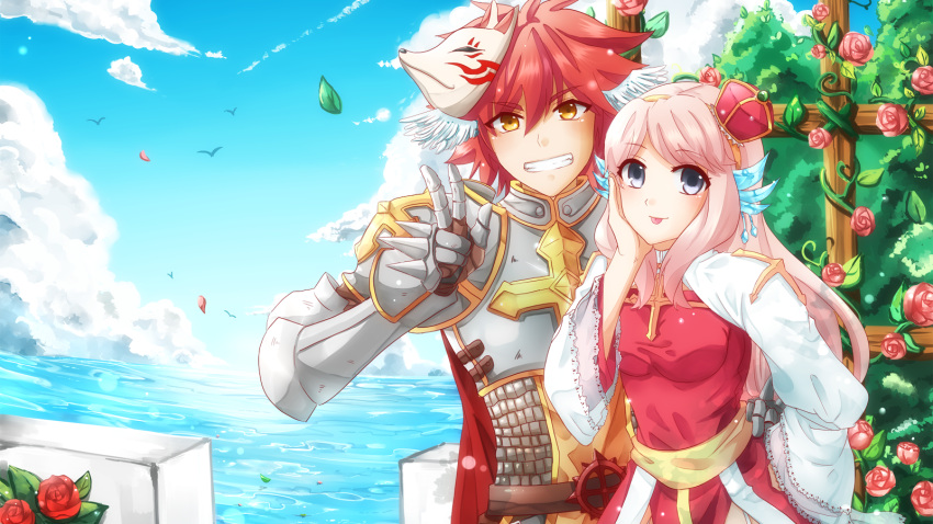 1boy, 1girl, arch_bishop_(ragnarok_online), armor, blue_sky, blush, breastplate, cape, chainmail, clouds, commentary, commission, couple, cross, crown, day, dress, english_commentary, flower, fox_mask, grey_eyes, grin, hetero, highres, himitsu_(dark_nao), juliet_sleeves, leaf, long_hair, long_sleeves, looking_at_viewer, lord_knight_(ragnarok_online), mask, mask_on_head, mini_crown, ocean, pauldrons, pink_flower, pink_hair, pink_rose, puffy_sleeves, ragnarok_online, red_cape, red_dress, red_flower, red_hair, red_rose, rose, sash, short_hair, shoulder_armor, sky, smile, spiked_gauntlets, two-tone_dress, upper_body, v, white_dress, yellow_eyes, yellow_sash