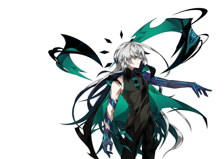 1boy, ainchase_ishmael, apostasia_(elsword), aqua_cape, artist_request, bare_arms, bare_shoulders, black_cape