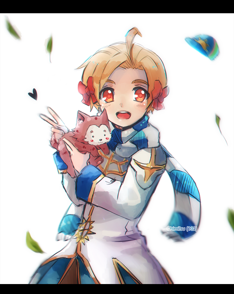 1boy, ahoge, animal, blonde_hair, blue_hat, blush, bow, coat