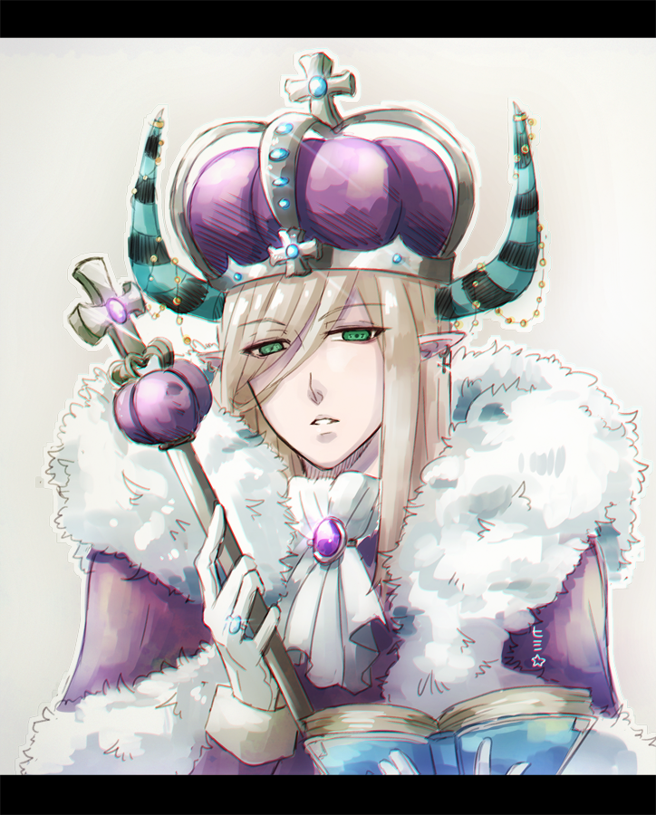 1boy, ascot, beelzebub_(ragnarok_online), blonde_hair, blue_horns, cape, commentary, cross