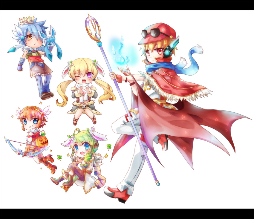 2boys, 3girls, animal_ears, black_sleeves, blonde_hair, blue_fire, blue_gloves, blue_hair