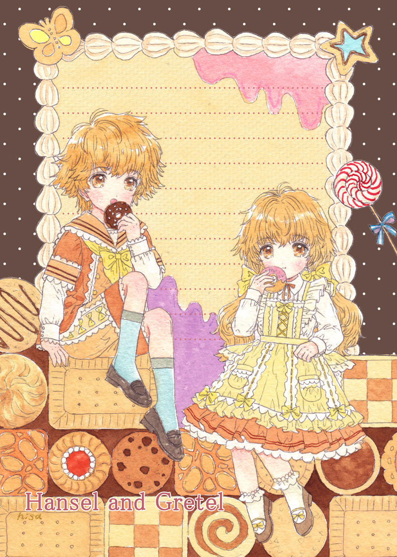 ascot, blonde_hair, blue_eyes, blush, bow, brother_and_sister, brown_eyes, bug