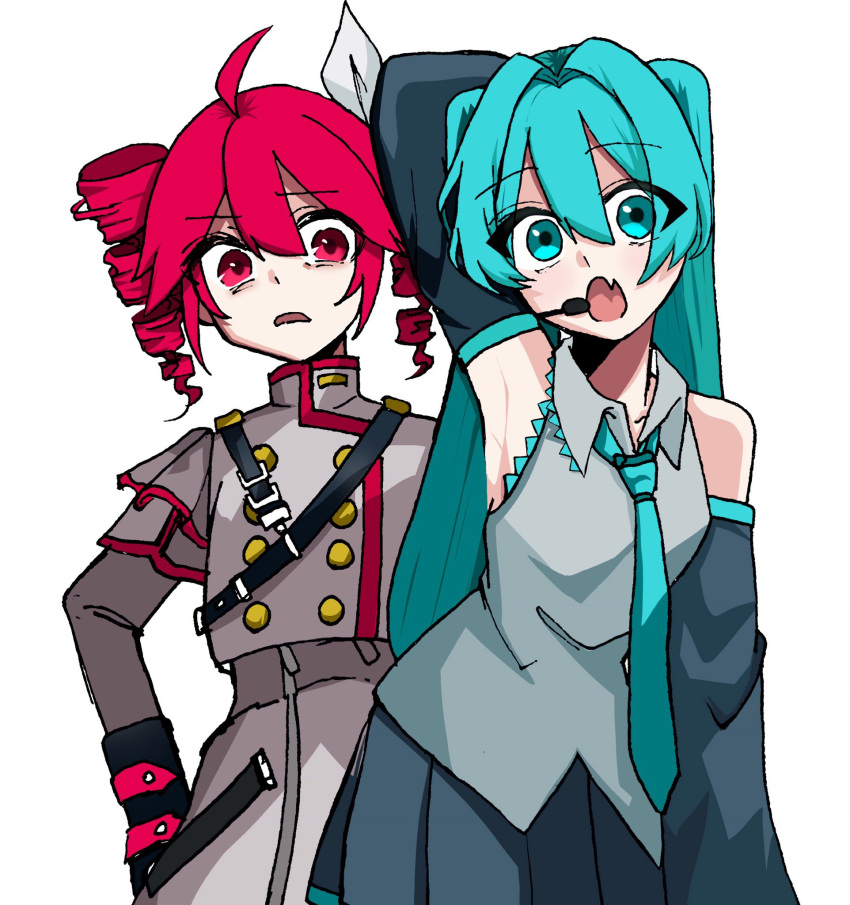 2girls, ahoge, arm_up, armpits, bare_shoulders, belt, black_belt, black_skirt