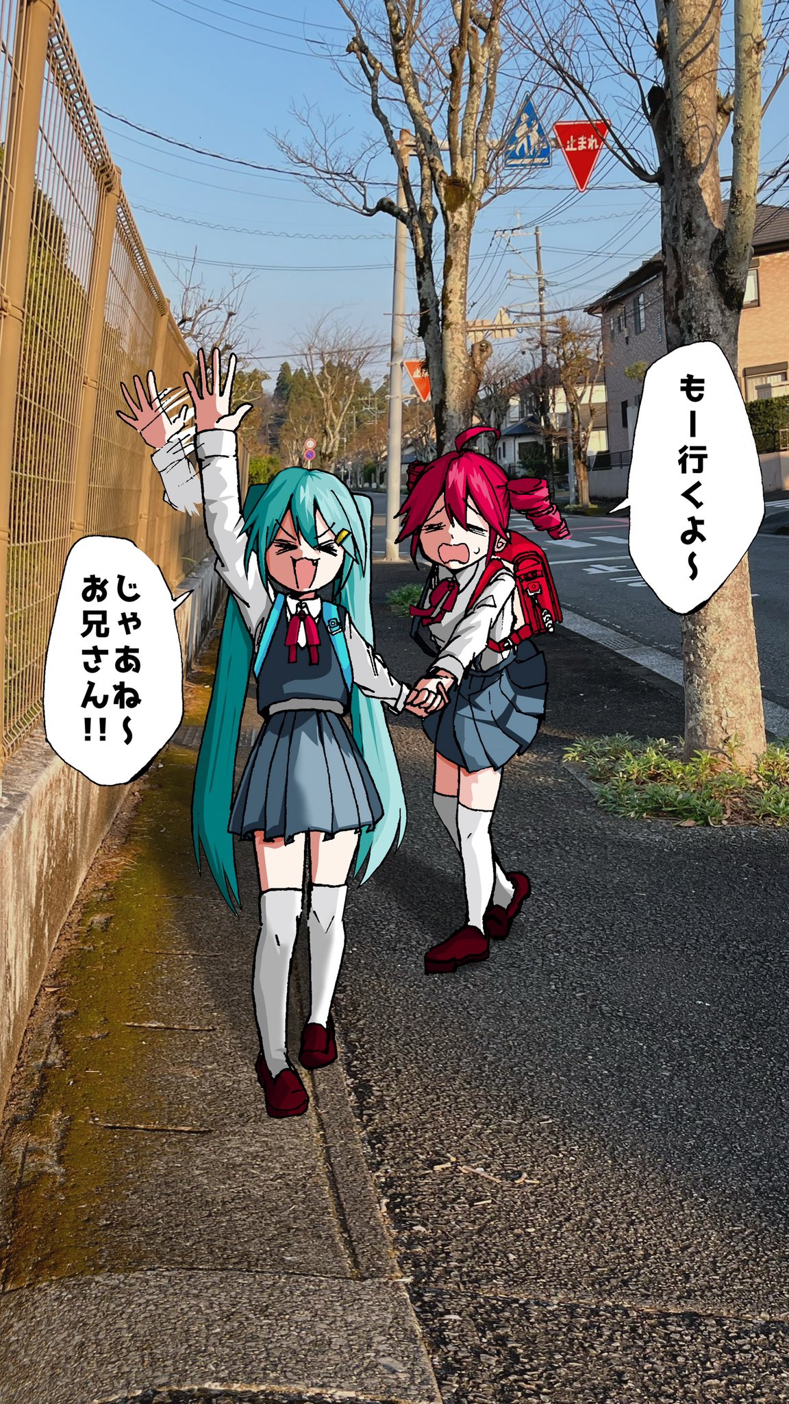 2girls, aged_down, arm_up, backpack, bag, blue_eyes, blue_hair, blue_sky
