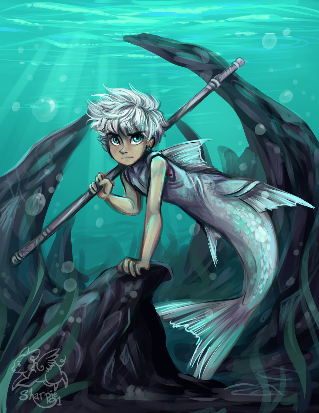 +anima, 1boy, air_bubble, arm_support, blue_eyes, bubble, closed_mouth, earrings, full_body, highres, holding, holding_polearm, holding_weapon, husky_(+anima), jewelry, looking_at_viewer, male_focus, merman, monster_boy, polearm, sharkie-19, short_hair, solo, staff, underwater, weapon, white_hair