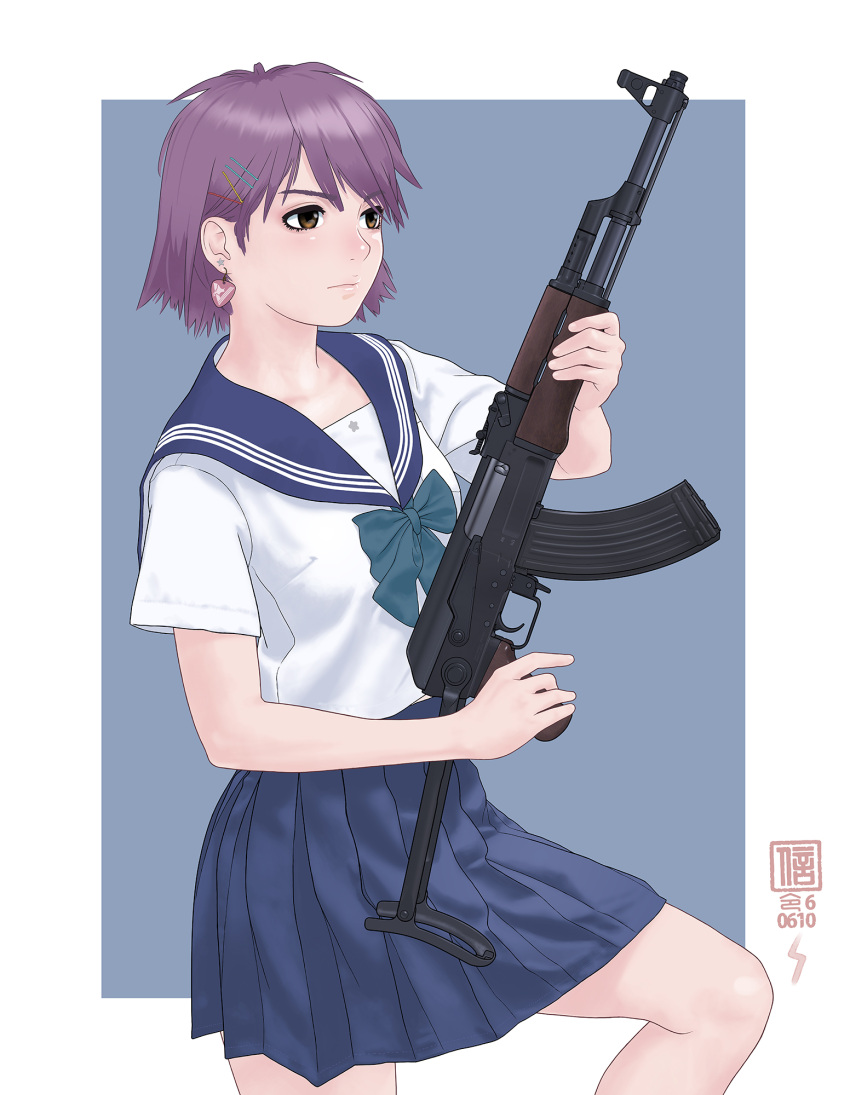 1girl, aks, aks-47, assault_rifle, blue_background, blue_serafuku, blue_skirt, border