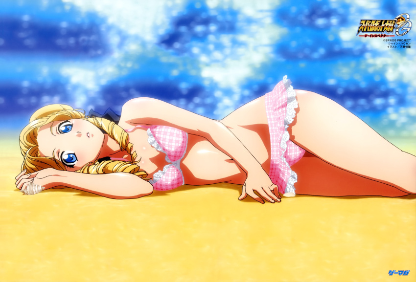 beach, bikini, blonde_hair, blue_eyes, highres, kouno_yoshitaka, long_hair, shine_hausen