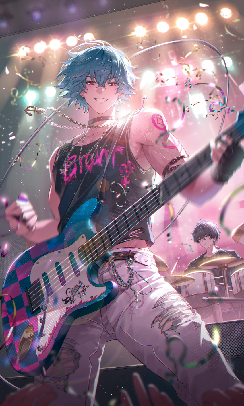absurdres, alternate_costume, anchor_necklace, belt, black_belt, black_gloves, black_hair, black_tank_top, blue_hair, brant_(wuthering_waves), clothes_writing, collarbone, commentary, denim, english_commentary, fingerless_gloves, gloves, grin, highres, isobe47, jeans, jewelry, looking_at_viewer, male_focus, male_rover_(wuthering_waves), necklace, pants, playing_guitar, rover_(wuthering_waves), short_hair, single_fingerless_glove, smile, solo_focus, stage, tank_top, toned, toned_male, torn_clothes, torn_pants, violet_eyes, white_pants, wuthering_waves
