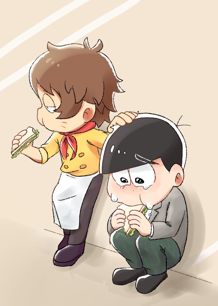 2boys, against_wall, apron, buttons, chibita, crying, crying_with_eyes_open, double-breasted, eating, facial_mark, food, freckles, hand_on_another's_head, hinakura3, male_focus, matsuno_karamatsu, multiple_boys, neckerchief, osomatsu-san_the_movie, osomatsu_(series), red_neckerchief, sandwich, school_uniform, squatting, tears, waist_apron, whisker_markings, white_apron