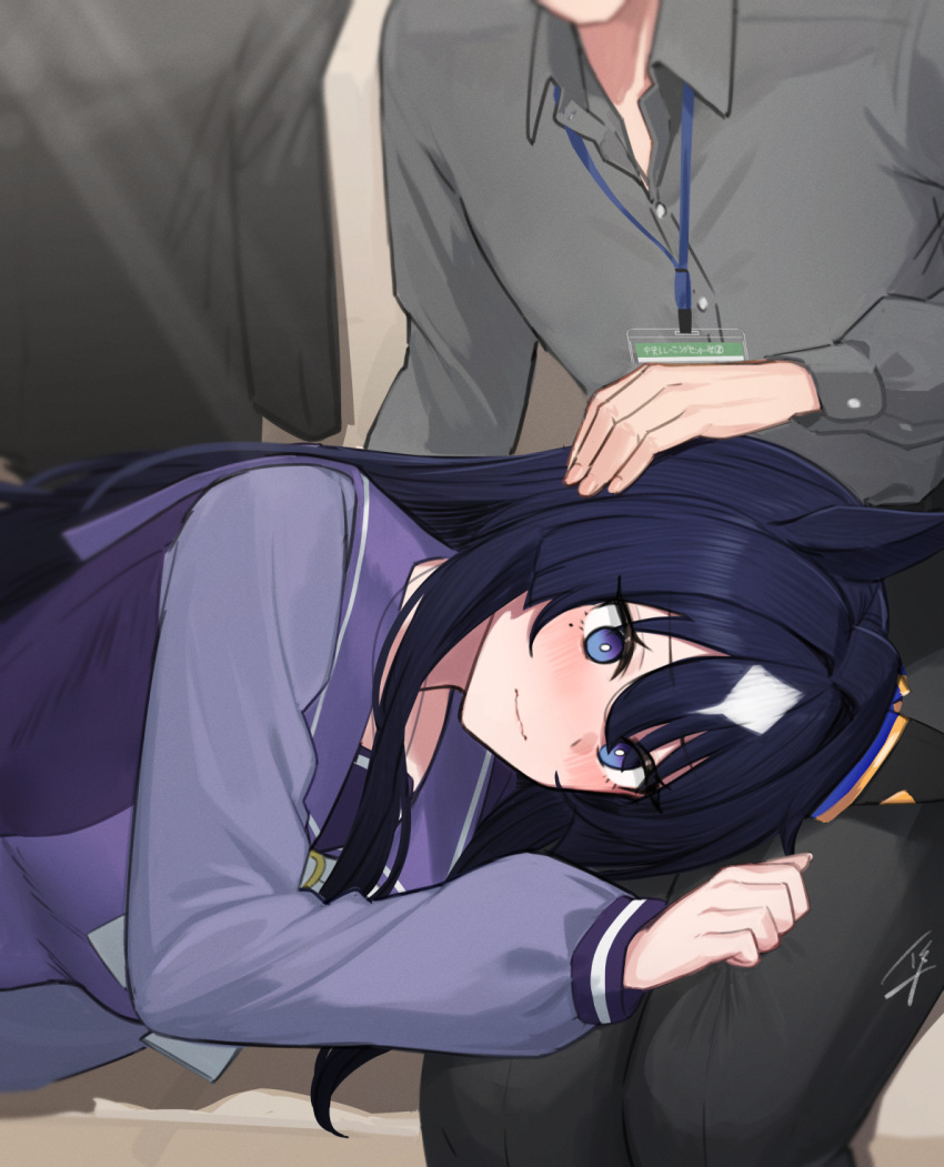 1boy, 1girl, animal_ears, blue_eyes, blue_hair, blush, ear_covers, ear_ornament
