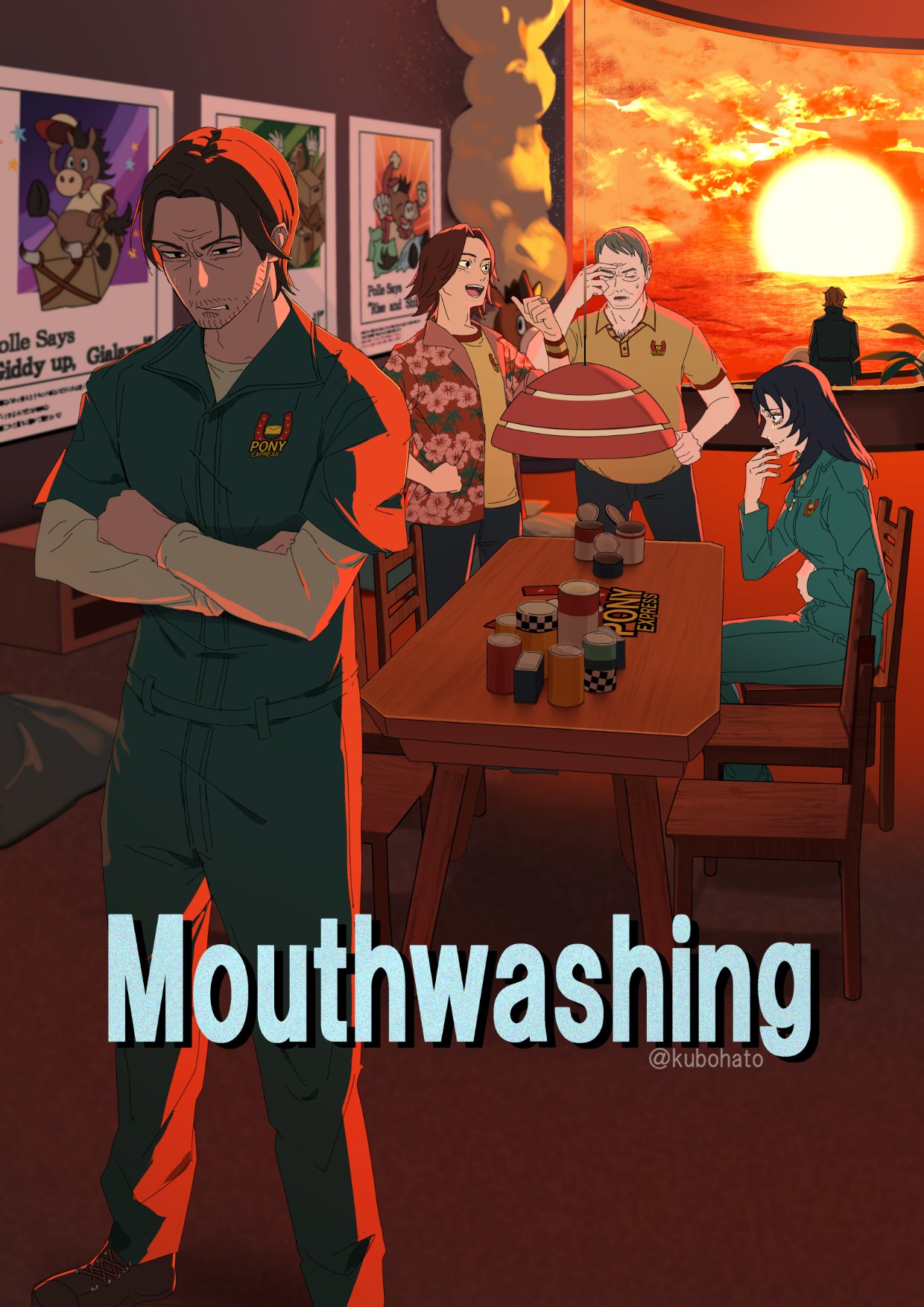 1girl, 4boys, anime_coloring, animification, anya_(mouthwashing), artist_name, black_hair, brown_hair, can, chair, chest_hair, clenched_teeth, copyright_name, crossed_arms, curly_(mouthwashing), curly_(pre-crash), daisuke_(mouthwashing), foam, frown, grey_hair, hawaiian_shirt, highres, jimmy_(mouthwashing), jumpsuit, kubota_hato, mouthwashing, multiple_boys, polle_(mouthwashing), poster_(object), shirt, sitting, smile, sunset, swansea_(mouthwashing), table, teeth, white_undershirt, yellow_shirt