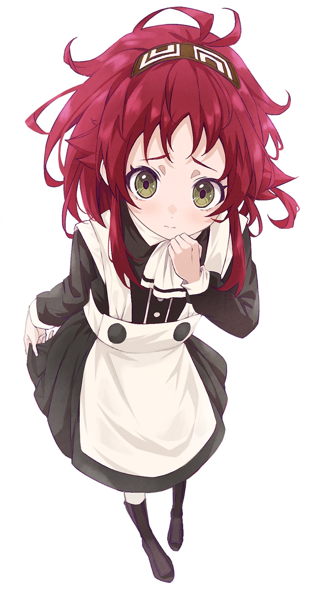 1girl, aisha_greyrat, apron, ascot, black_boots, black_dress, bloom, blush, boots, brown_hairband, closed_mouth, commentary, dress, flat_chest, full_body, green_eyes, hairband, highres, looking_at_viewer, maid, maid_apron, mushoku_tensei, red_hair, seriro00112, simple_background, skirt_hold, solo, white_apron, white_ascot, white_background