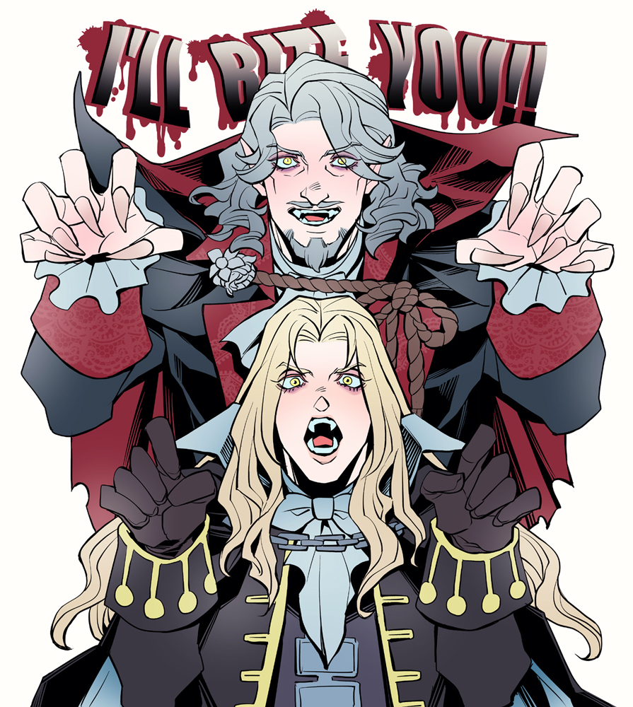 2boys, alucard_(castlevania), amon_sheep, arms_up, black_cape, black_coat, blonde_hair, cape, castlevania_(series), chain, claw_pose, coat, commentary, curtained_hair, dead_by_daylight, dracula_(castlevania), english_commentary, english_text, facial_hair, fangs, father_and_son, fingernails, goatee, lapels, long_hair, long_sleeves, looking_at_viewer, male_focus, medium_hair, multiple_boys, mystical_high_collar, neck_ribbon, notched_lapels, open_mouth, pointy_ears, ribbon, rope, sharp_fingernails, sleeve_cuffs, teeth, tongue, two-sided_cape, two-sided_fabric, upper_body, vampire, wavy_hair, white_ribbon, yellow_eyes