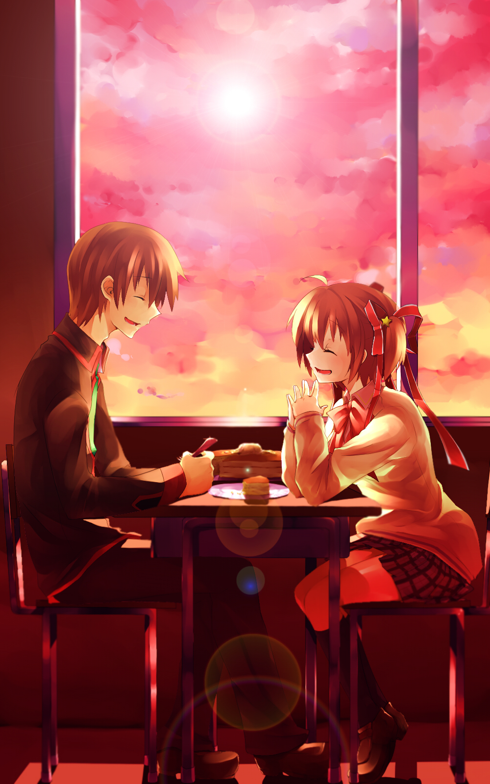 1girl, blonde_hair, brown_hair, cake, chair, closed_eyes, couple, eyes_closed