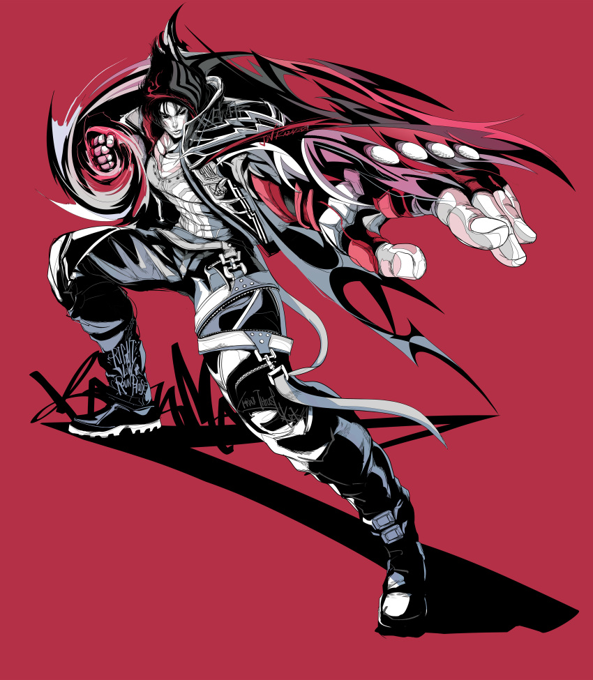 1boy, absurdres, black_hair, character_name, fighting_stance, fingerless_gloves, full_body, gloves