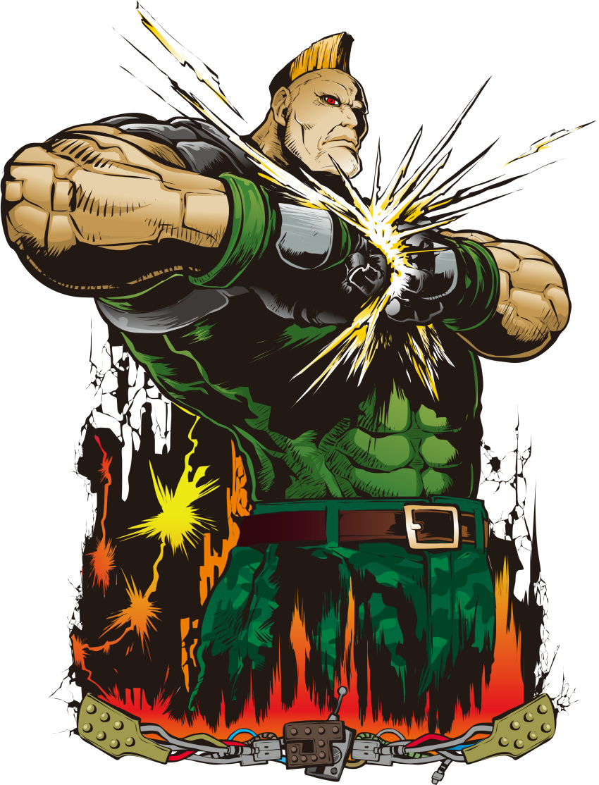1boy, absurdres, android, belt, blonde_hair, brown_belt, camouflage, camouflage_pants, clenched_hands, cropped_legs, expressionless, green_pants, green_shirt, highres, jack_(tekken), looking_at_viewer, male_focus, mohawk, non-web_source, pants, red_eyes, robot, shirt, solo, tekken, tekken_7, white_background