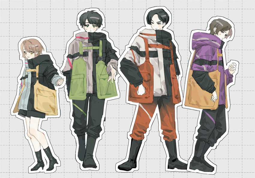 0e0n0_2, 1girl, 3boys, azuma_michinaga, black_boots, black_hair, boots, brown_hair, full_body, green_eyes, highres, jacket, kamen_rider, kamen_rider_geats_(series), kurama_neon, multiple_boys, open_mouth, sakurai_keiwa, short_hair, smile, ukiyo_ace, violet_eyes