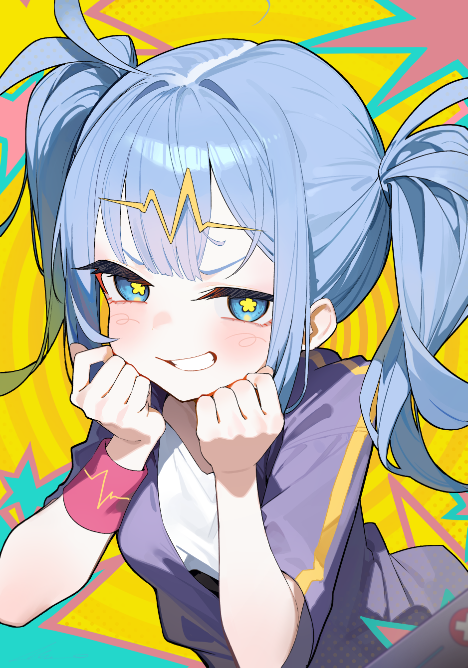 1girl, ahoge, blue_eyes, blush, commentary, grey_hair, hands_on_own_cheeks, hands_on_own_face