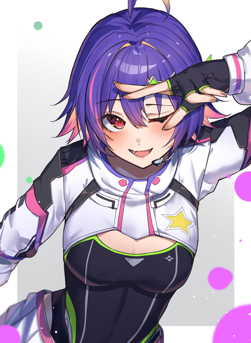 1girl, ahoge, black_gloves, blush, colored_inner_hair, double-parted_bangs, earpiece, fingerless_gloves
