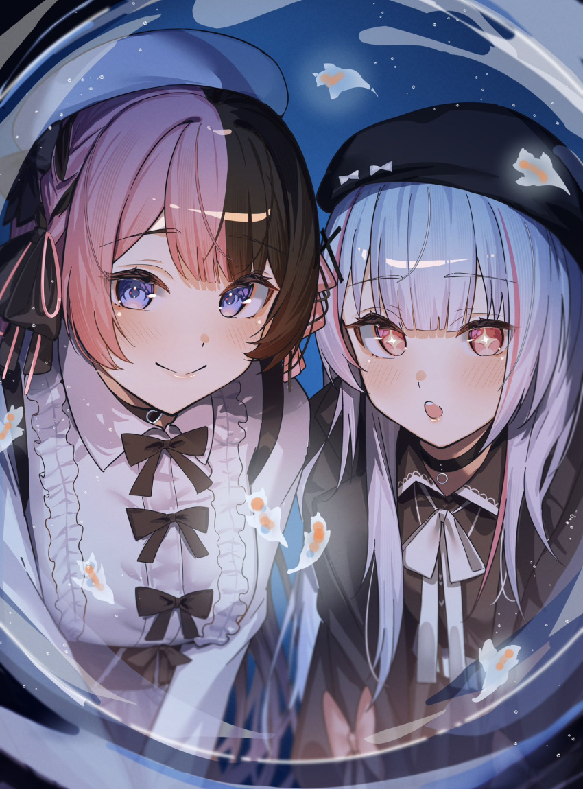 2girls, :o, asumi_sena, asumi_sena_(3rd_costume), beret, black_bow, black_bowtie, black_choker