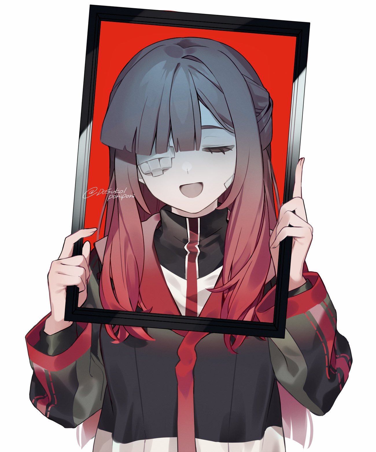 1girl, :d, bandage_on_face, bandage_over_one_eye, bandages, black_jacket, closed_eyes, dosukoiponiponi