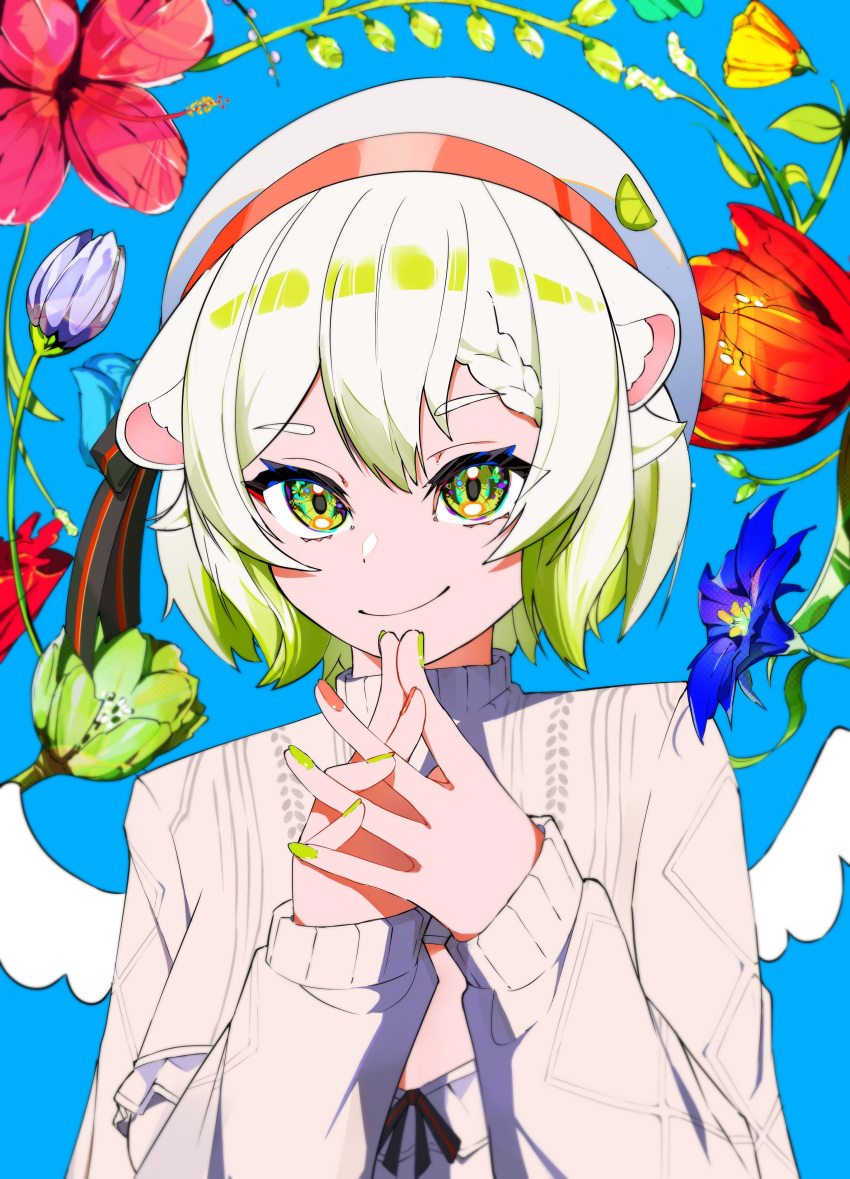 absurdres, beret, blue_flower, bob_cut, braid, chattdraws, cleavage_cutout, close-up, clothing_cutout, floral_background, flower, food, frills, fruit, gradient_hair, green_eyes, green_flower, green_hair, green_nails, hat, highres, indie_virtual_youtuber, laimu_(vtuber), laimu_(vtuber)_(winter), lime_(fruit), lime_slice, looking_at_viewer, mika_pikazo_(style), mini_wings, multicolored_hair, orange_flower, own_hands_together, pink_flower, pink_nails, plant, purple_flower, red_flower, ribbed_sweater, ribbon, short_hair, sleeves_past_wrists, sweater, two-tone_hair, vinesauce, virtual_youtuber, white_hair, wings, yellow_flower