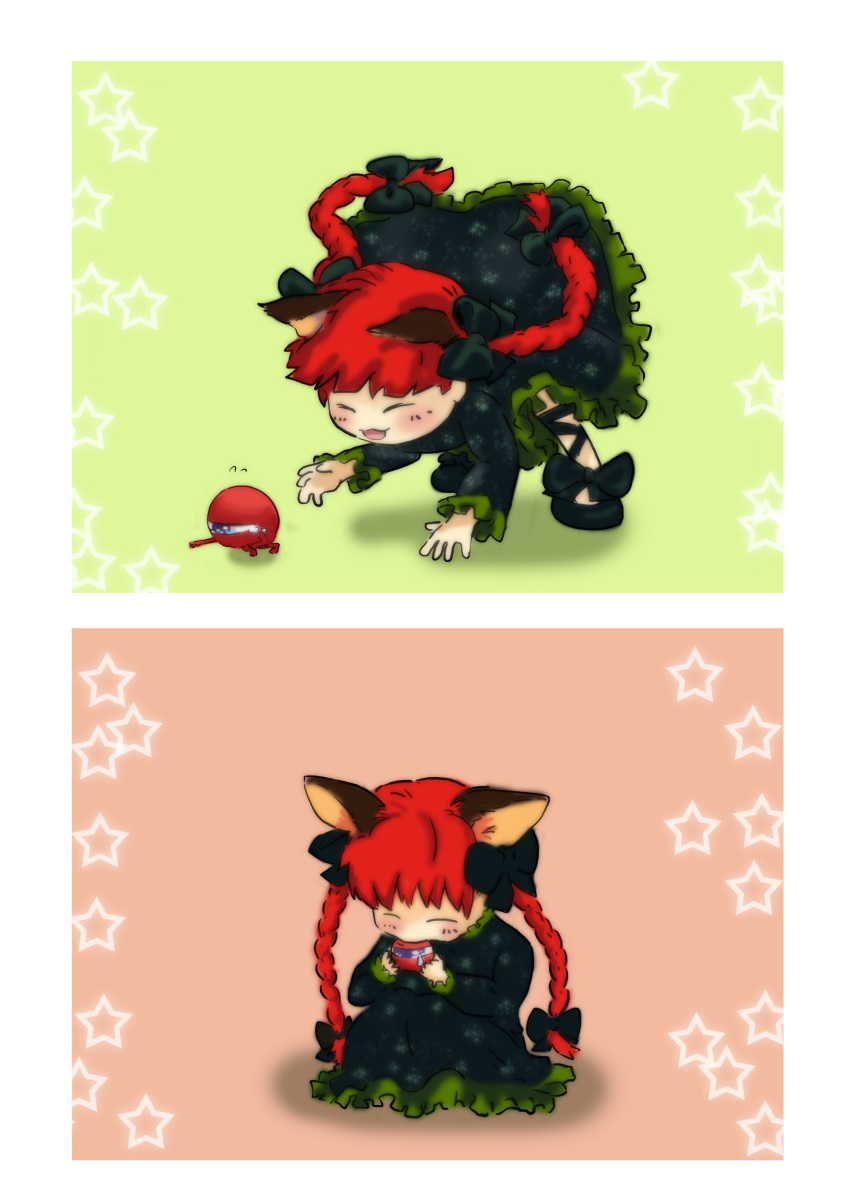 :3, absurdres, animal_ears, braid, cat_ears, cat_tail, chasing, chibi